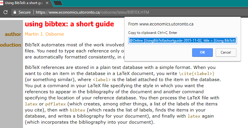 Screenshot of popup window to copy the biblatex entry